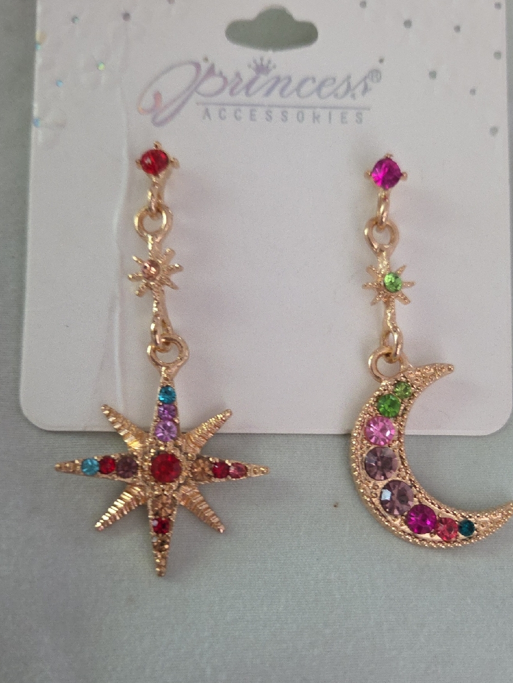 Multicolor Star & Moon Drop Earrings - Gold